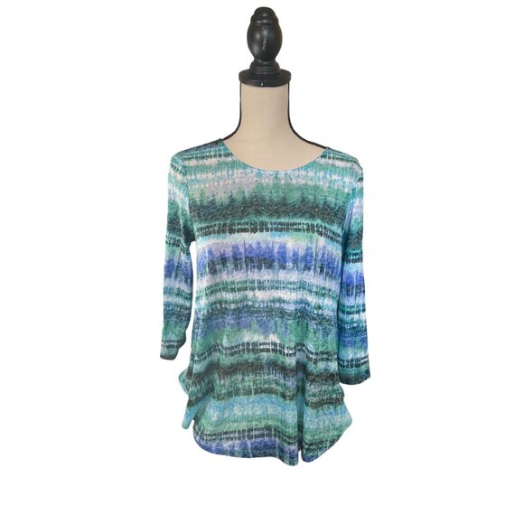 Ruby Rd. Womens Top Small Blue Green Abstract 3/4 Sleeve Scoop Neck Watercolor - Picture 1 of 10